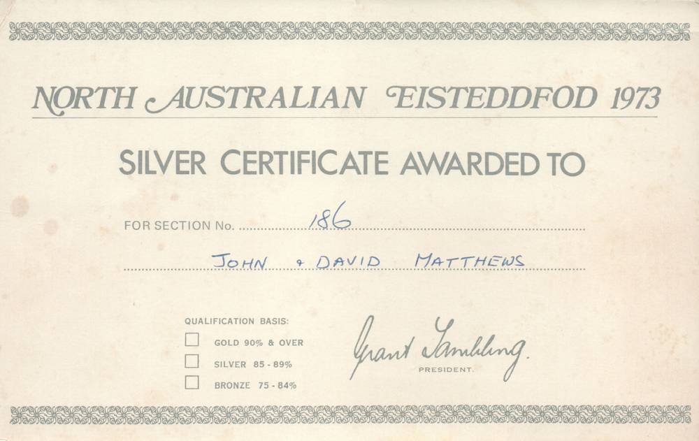 Northern Australian Eisteddfod 1973 ... Silver Certificate